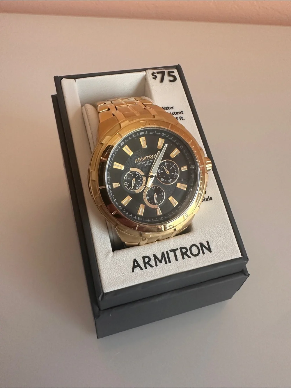 Armitron Chronograph with Gold Bracelet and Black Dial NIB NWT IOB